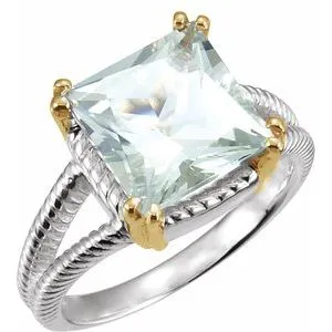 Sterling Silver & 14K Yellow Checkerboard Prasiolite Ring