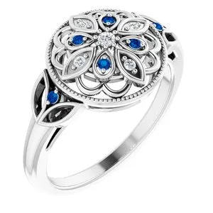 Sterling Silver Sapphire & .03 CTW Diamond Ring Size 6