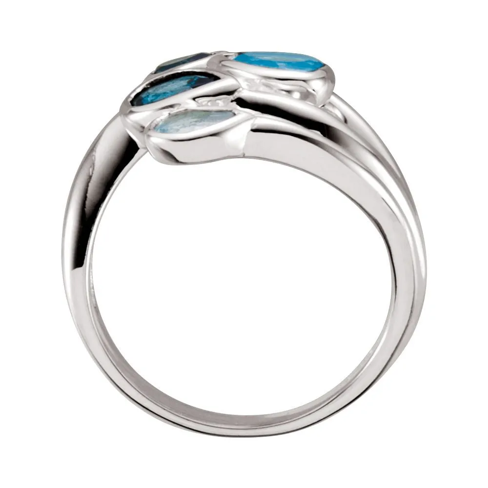 Sterling Silver Sky Blue Topaz, London Blue Topaz & Swiss Blue Topaz Bypass Ring, Size 7