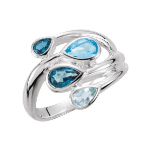 Sterling Silver Sky Blue Topaz, London Blue Topaz & Swiss Blue Topaz Bypass Ring, Size 7