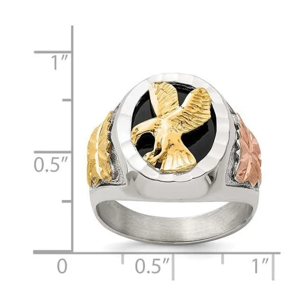 Sterling Silver with 12K Yellow and Rose Gold Plated Antiqued Eagle Mens Ring