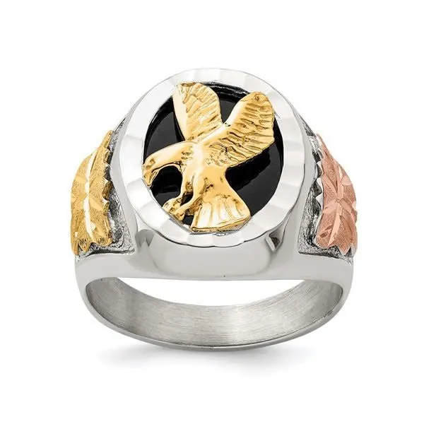 Sterling Silver with 12K Yellow and Rose Gold Plated Antiqued Eagle Mens Ring