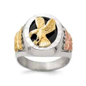 Sterling Silver with 12K Yellow and Rose Gold Plated Antiqued Eagle Mens Ring