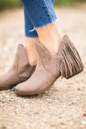 Taupe Burnished Toe Bootie With Fringe