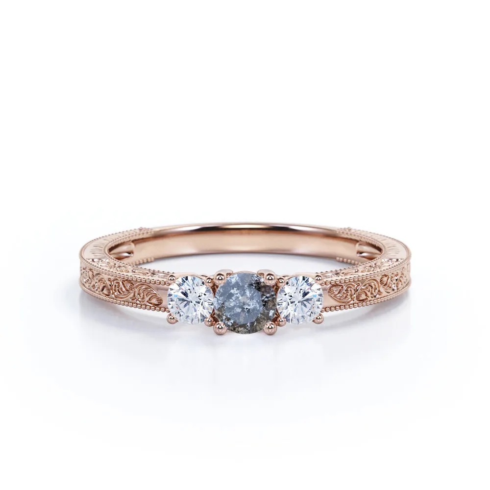 Three stone 0.5 carat Round cut Salt and pepper diamond and White diamond Filigree Milgrain Engagement ring in White gold