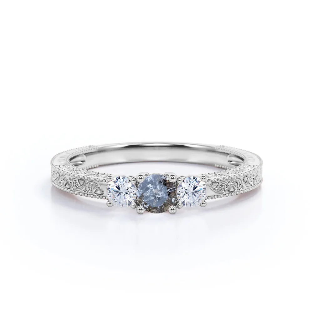 Three stone 0.5 carat Round cut Salt and pepper diamond and White diamond Filigree Milgrain Engagement ring in White gold