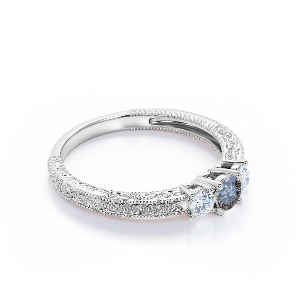 Three stone 0.5 carat Round cut Salt and pepper diamond and White diamond Filigree Milgrain Engagement ring in White gold