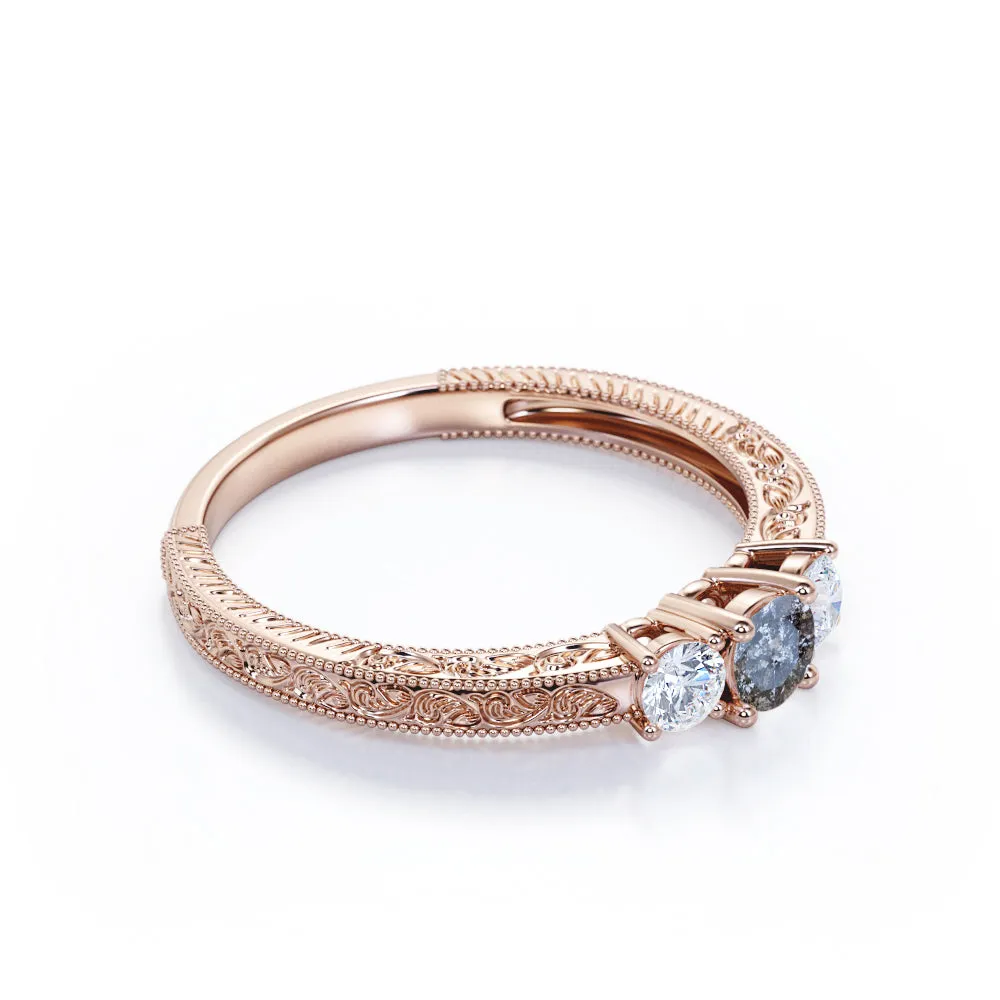 Three stone 0.5 carat Round cut Salt and pepper diamond and White diamond Filigree Milgrain Engagement ring in White gold