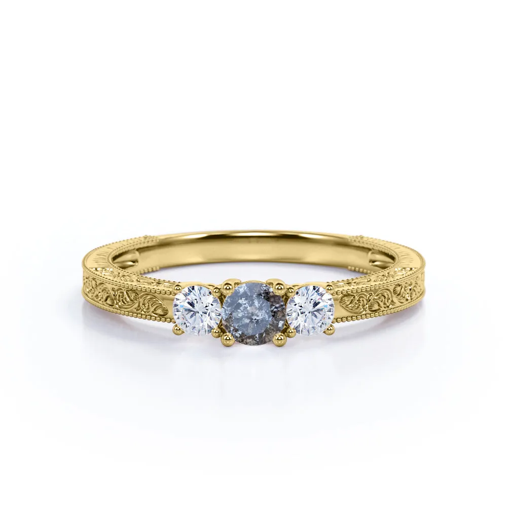 Three stone 0.5 carat Round cut Salt and pepper diamond and White diamond Filigree Milgrain Engagement ring in White gold