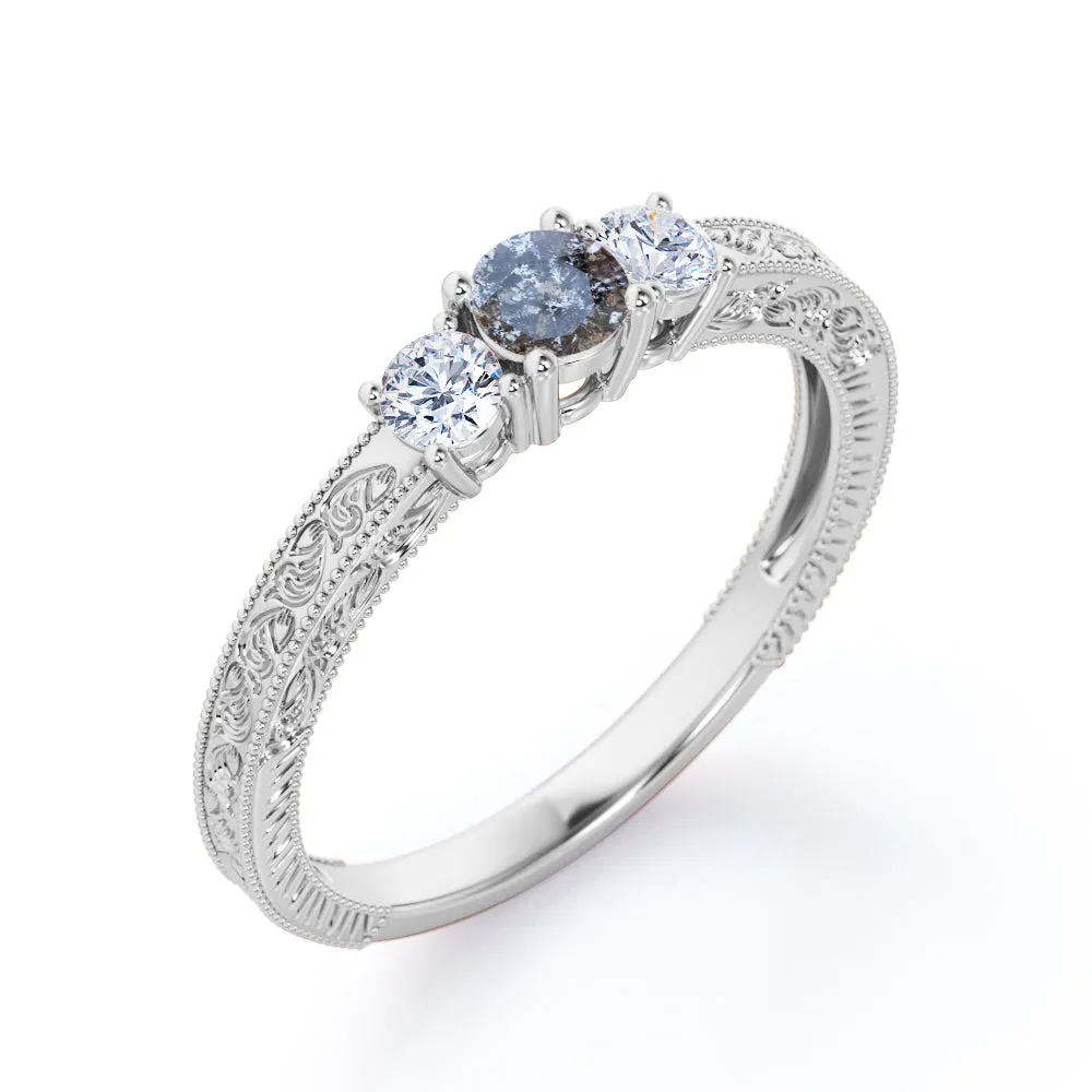 Three stone 0.5 carat Round cut Salt and pepper diamond and White diamond Filigree Milgrain Engagement ring in White gold