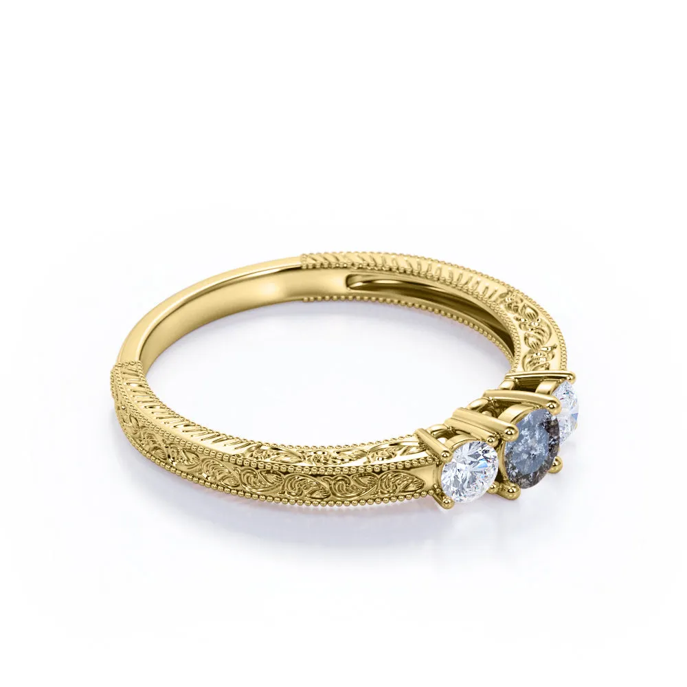 Three stone 0.5 carat Round cut Salt and pepper diamond and White diamond Filigree Milgrain Engagement ring in White gold