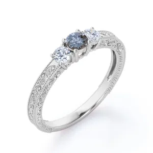 Three stone 0.5 carat Round cut Salt and pepper diamond and White diamond Filigree Milgrain Engagement ring in White gold