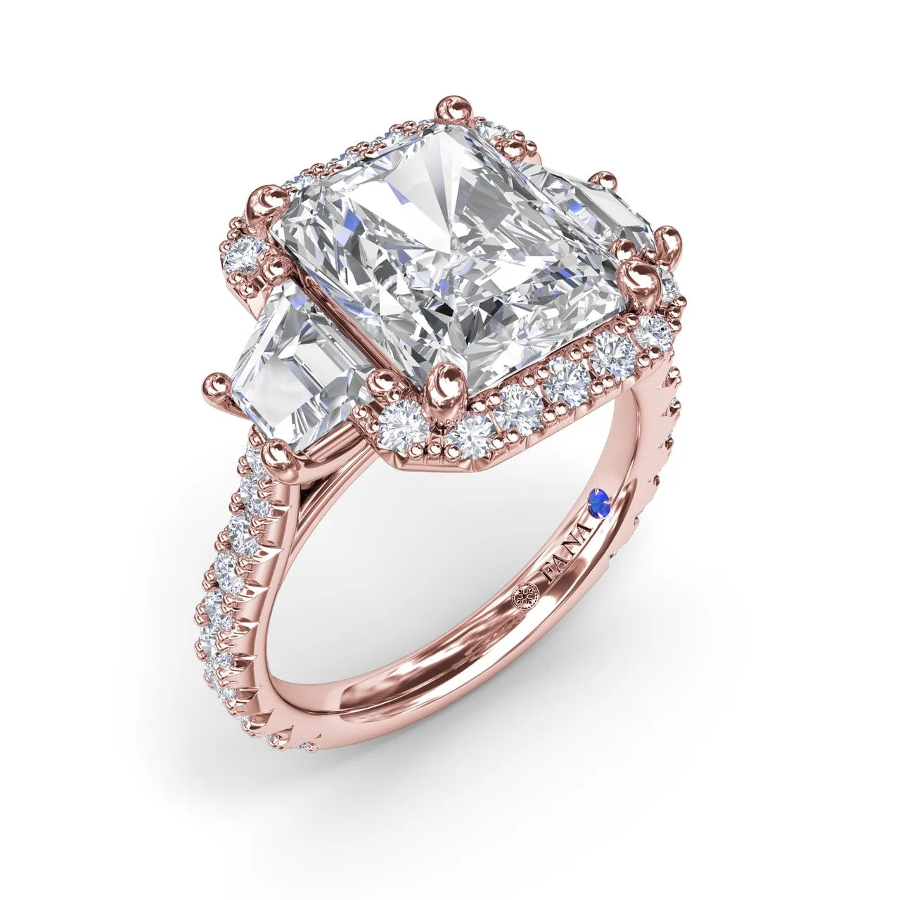 Three Stone Halo Diamond Engagement Ring