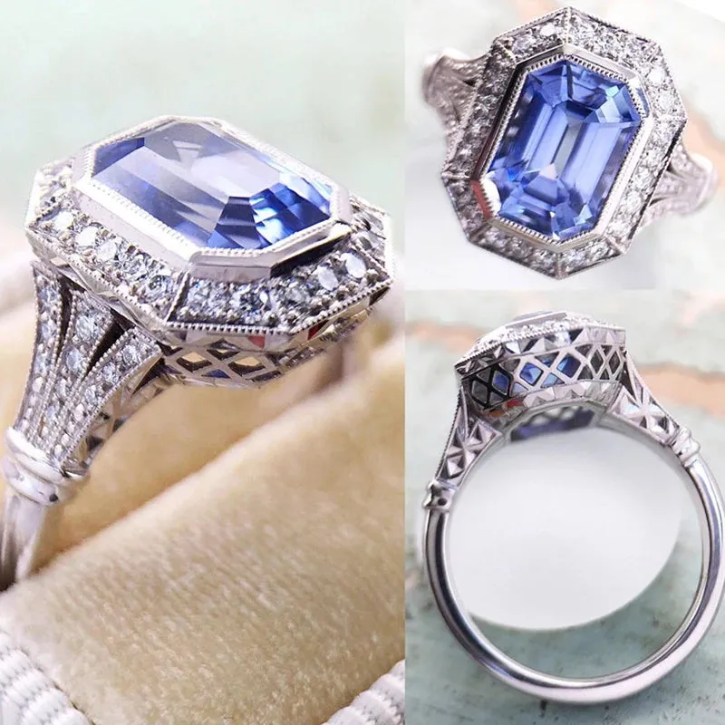 Vintage Blue Amethyst Ring Women Wedding Anniversary Jewelry