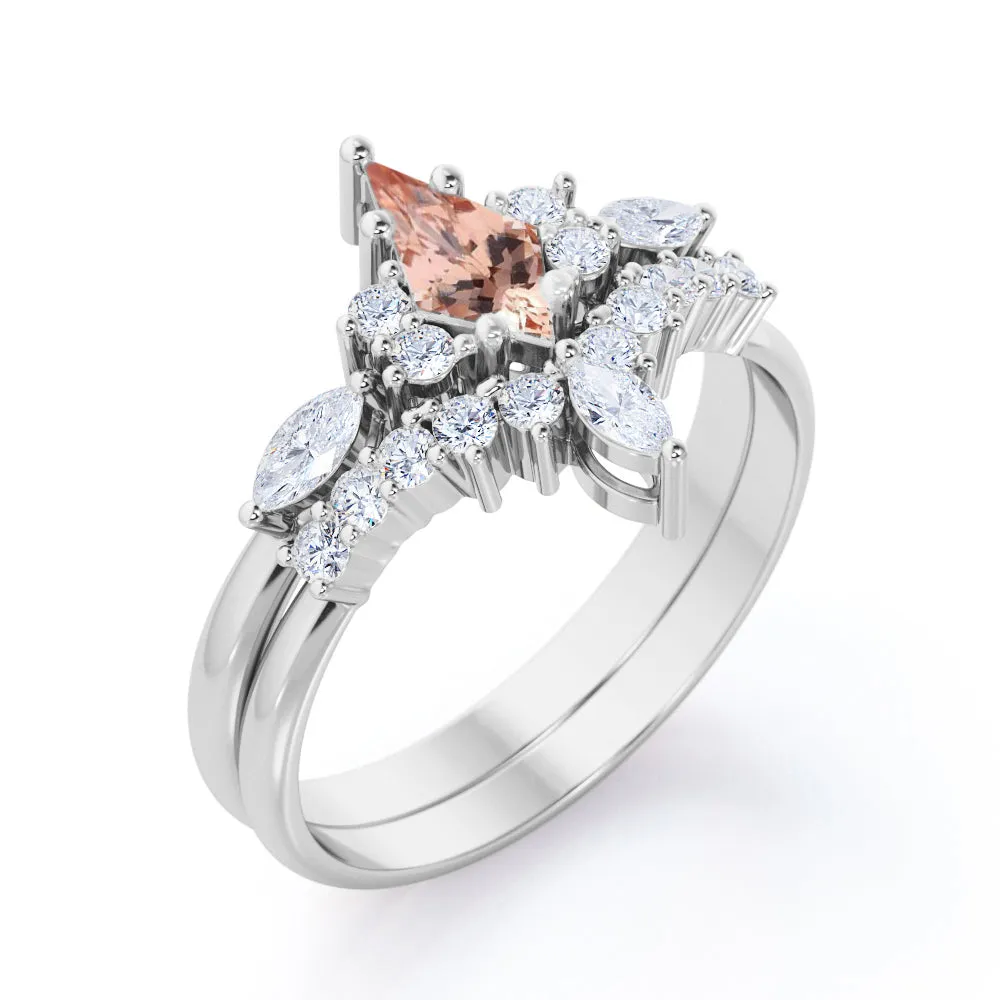 Vintage Crown 1.5 carat Kite shaped Peach Morganite and diamond Chevron tiara wedding ring set in Rose gold