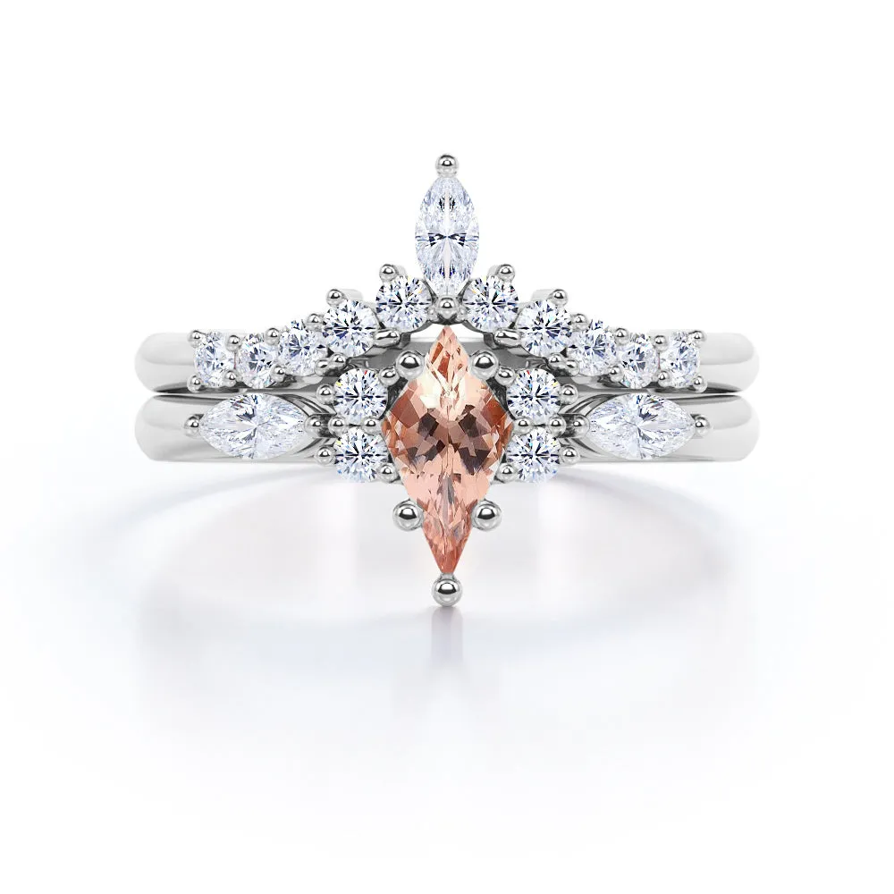 Vintage Crown 1.5 carat Kite shaped Peach Morganite and diamond Chevron tiara wedding ring set in Rose gold