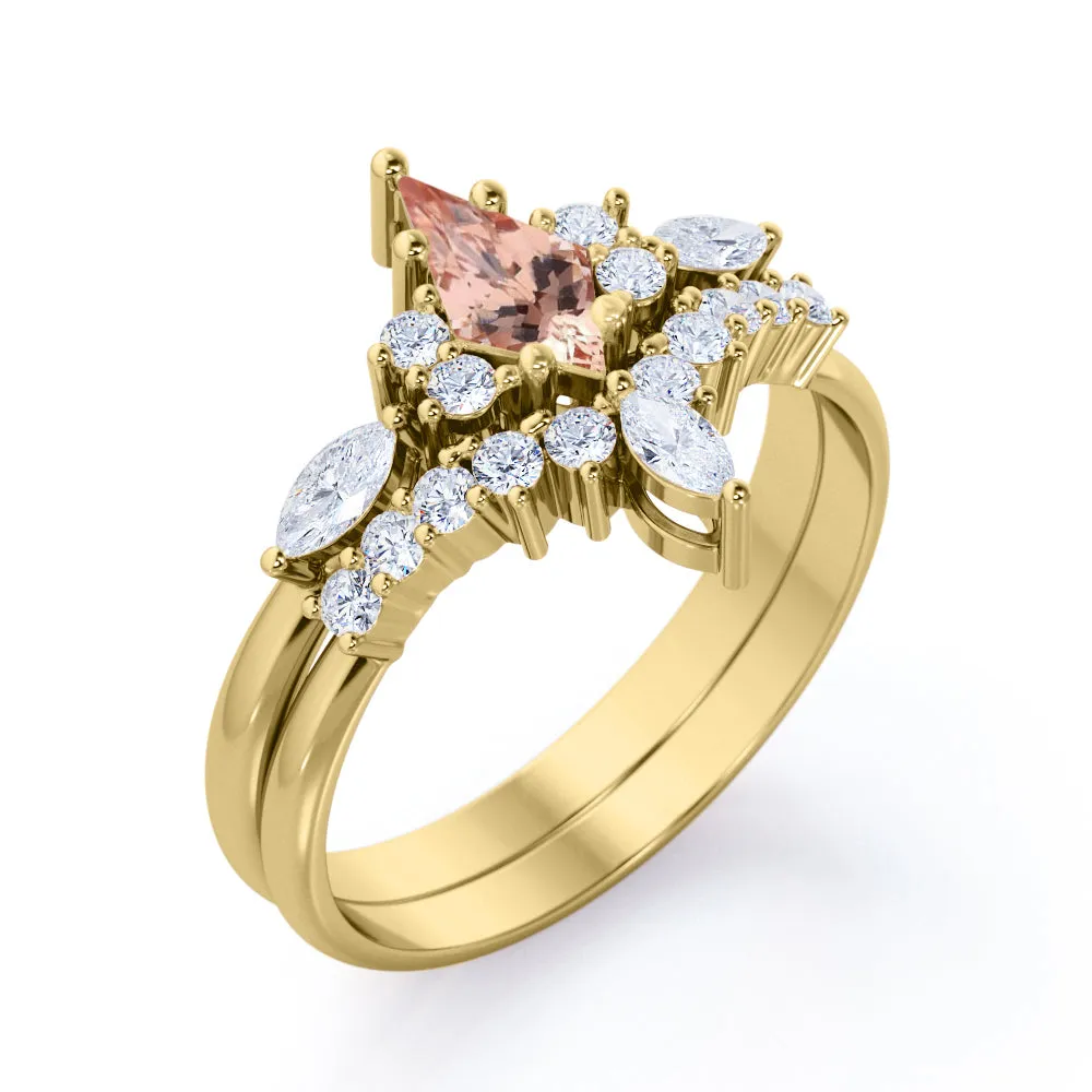 Vintage Crown 1.5 carat Kite shaped Peach Morganite and diamond Chevron tiara wedding ring set in Rose gold