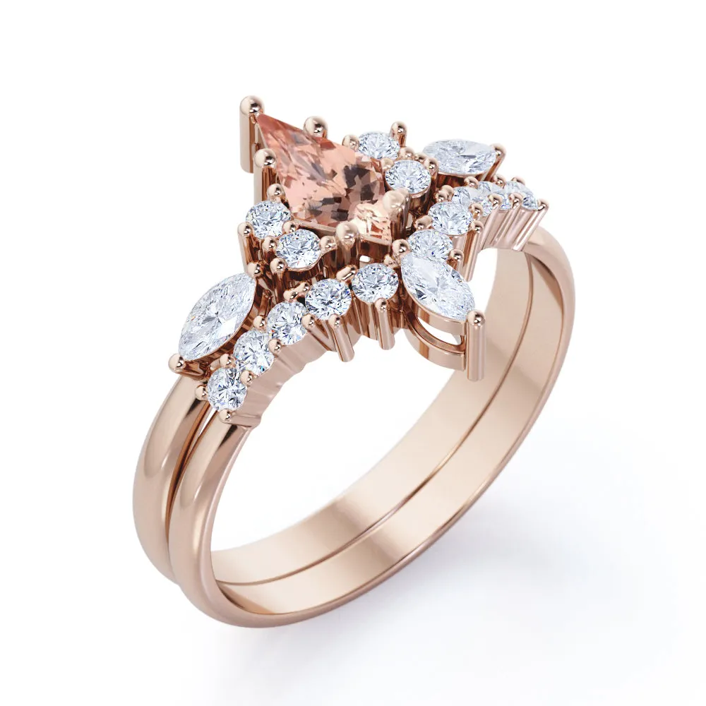 Vintage Crown 1.5 carat Kite shaped Peach Morganite and diamond Chevron tiara wedding ring set in Rose gold