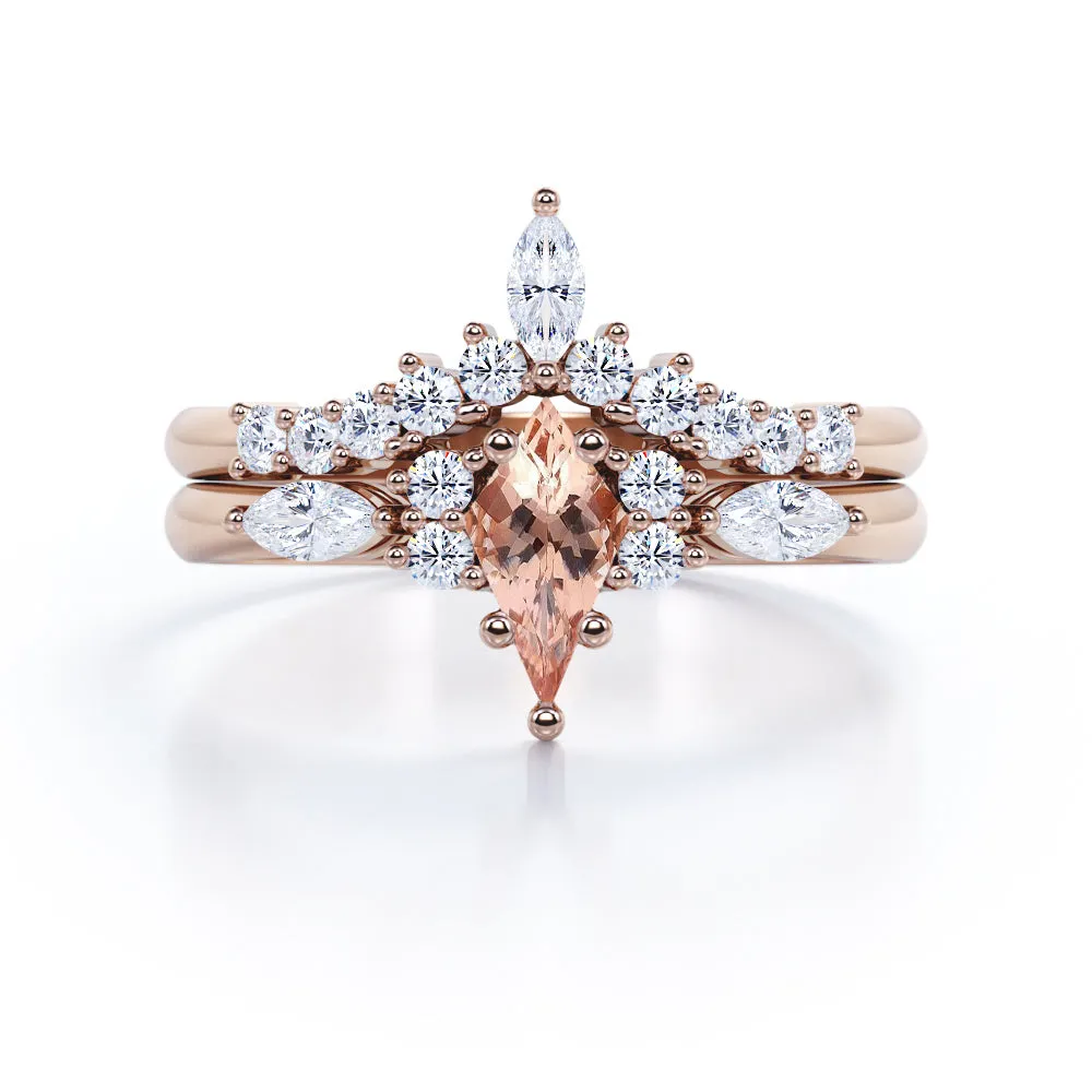 Vintage Crown 1.5 carat Kite shaped Peach Morganite and diamond Chevron tiara wedding ring set in Rose gold