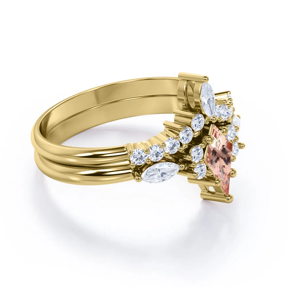 Vintage Crown 1.5 carat Kite shaped Peach Morganite and diamond Chevron tiara wedding ring set in Rose gold