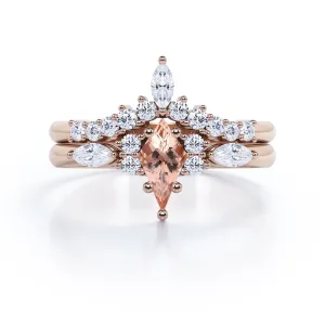 Vintage Crown 1.5 carat Kite shaped Peach Morganite and diamond Chevron tiara wedding ring set in Rose gold