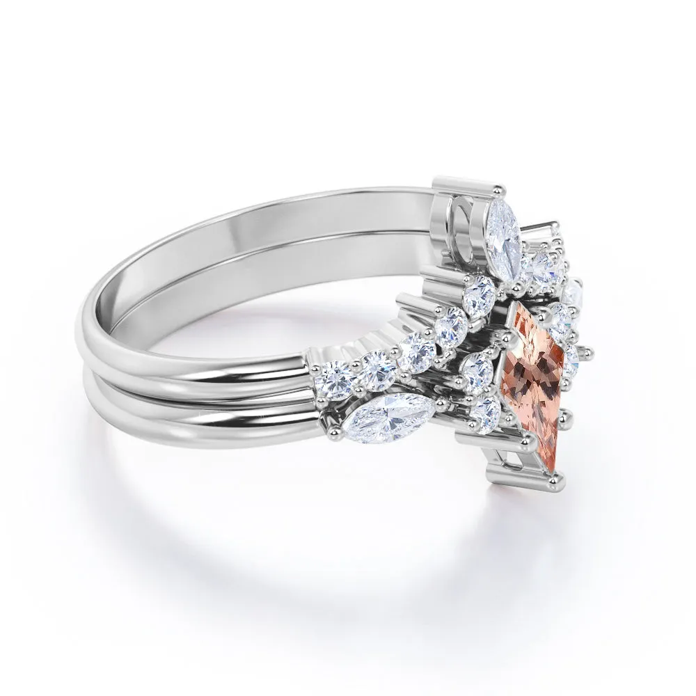 Vintage Crown 1.5 carat Kite shaped Peach Morganite and diamond Chevron tiara wedding ring set in Rose gold