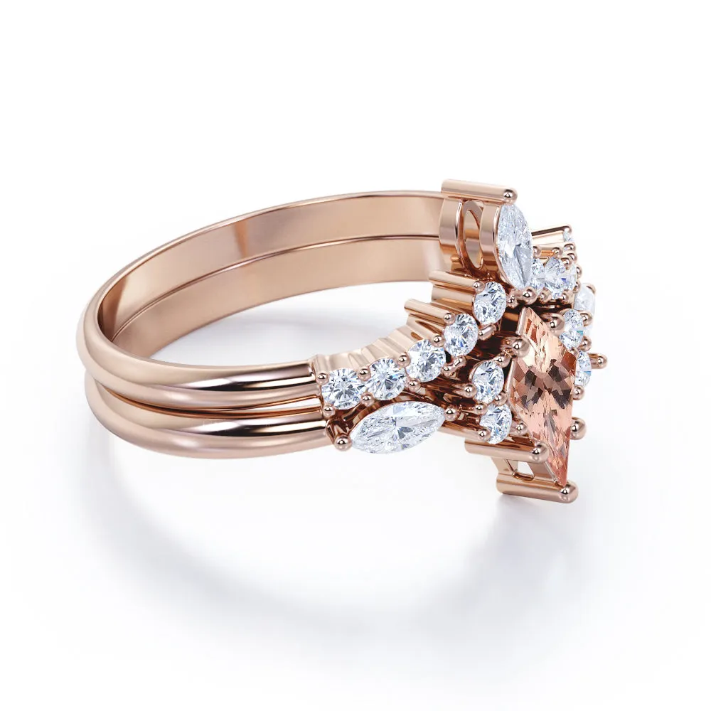 Vintage Crown 1.5 carat Kite shaped Peach Morganite and diamond Chevron tiara wedding ring set in Rose gold