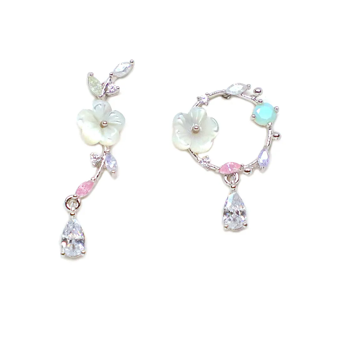 White Flower Asymmetric Earrings