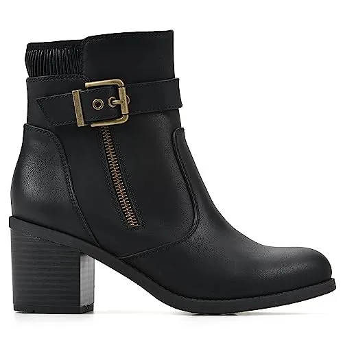 WHITE MOUNTAIN Women's Shoes Dessert Block Heel Bootie, Black/Smooth, 8.5 W