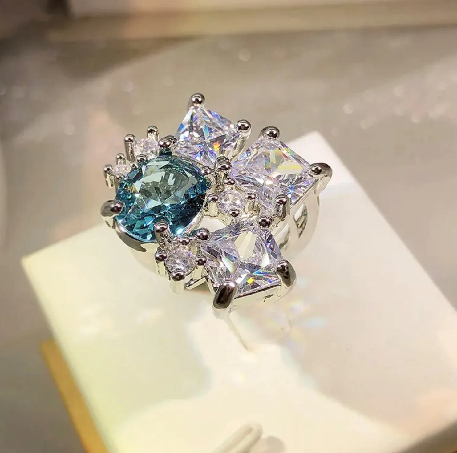 Womens Big Diamond Ring | Womens Statement Ring |  Aquamarine Diamond Ring | Blue Diamond Ring | Blue Tourmaline Ring | Blue Gemstone