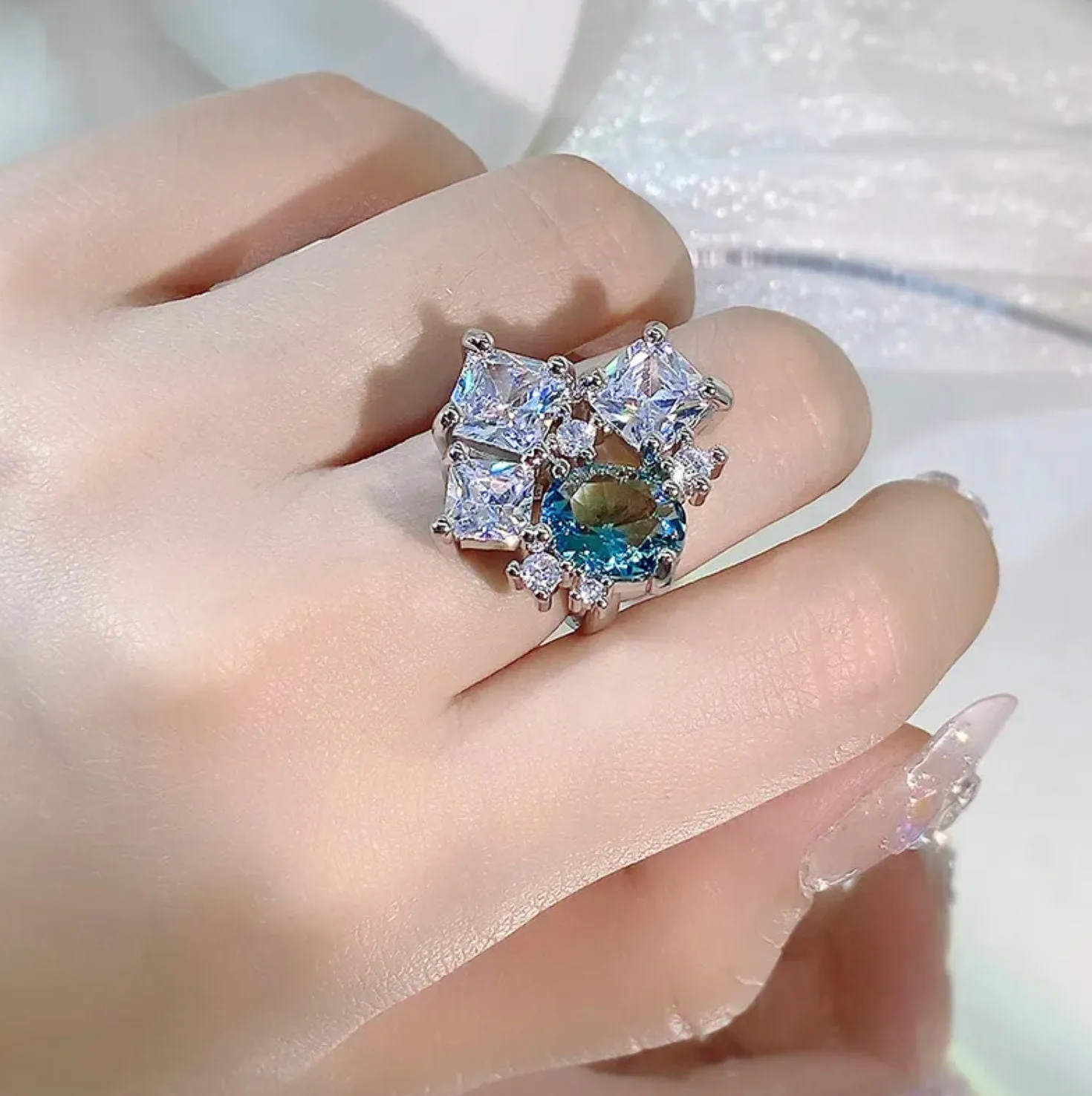 Womens Big Diamond Ring | Womens Statement Ring |  Aquamarine Diamond Ring | Blue Diamond Ring | Blue Tourmaline Ring | Blue Gemstone