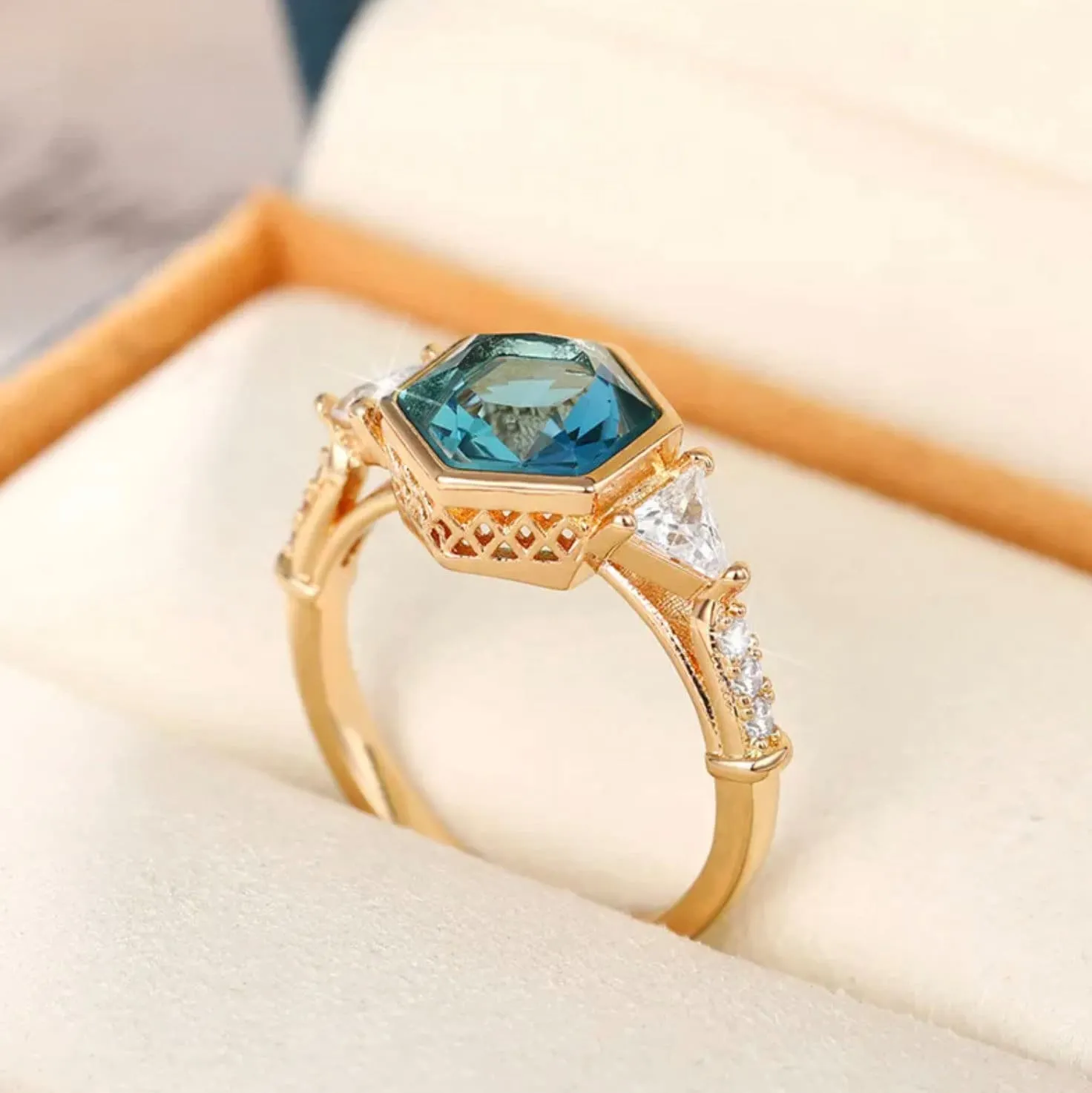 Womens Gold Ring | Gold Engagement Ring | Diamond Engagement Ring | Gold Ring | Blue Diamond Engagement Ring | Teal Blue Engagement Ring