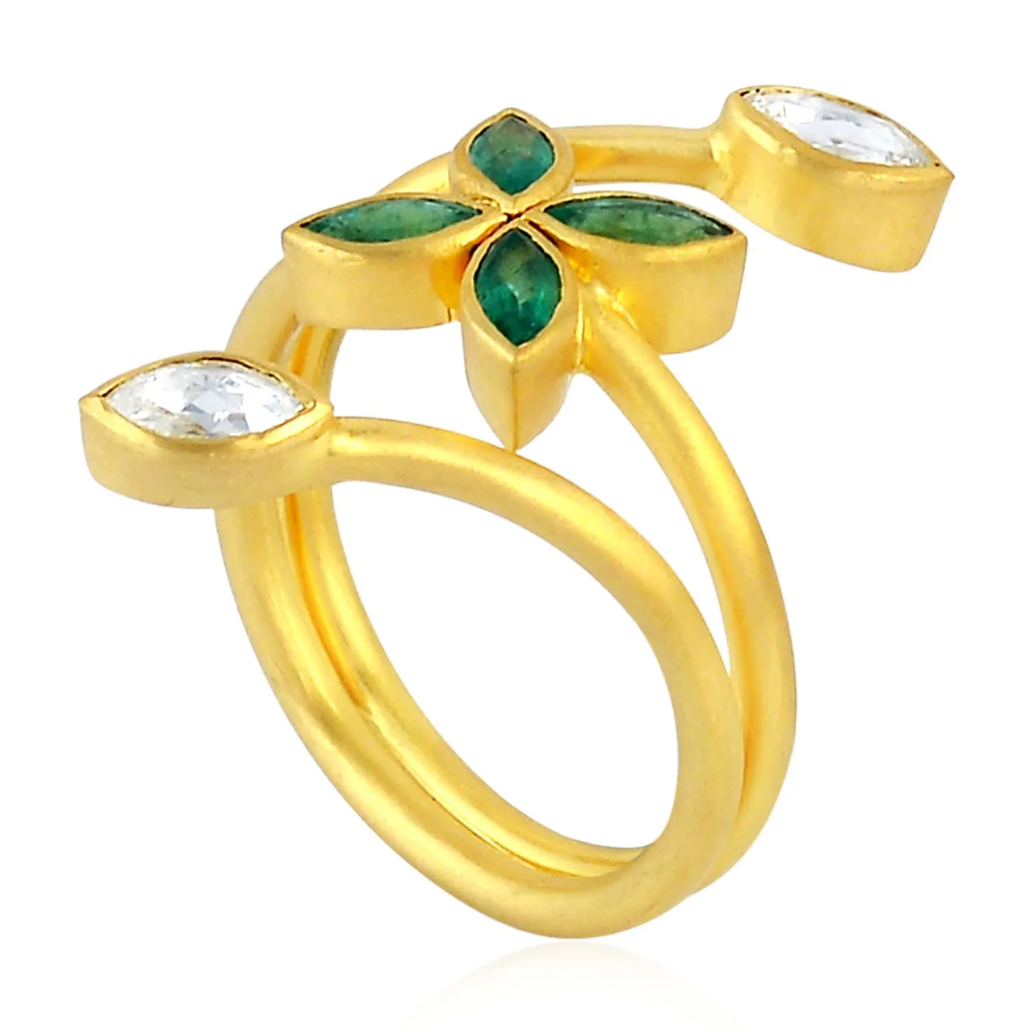Yellow Gold Marquise Emerald Bezel Set Rose Cut Diamond Designer Ring For Women's