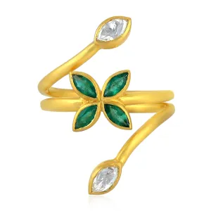 Yellow Gold Marquise Emerald Bezel Set Rose Cut Diamond Designer Ring For Women's