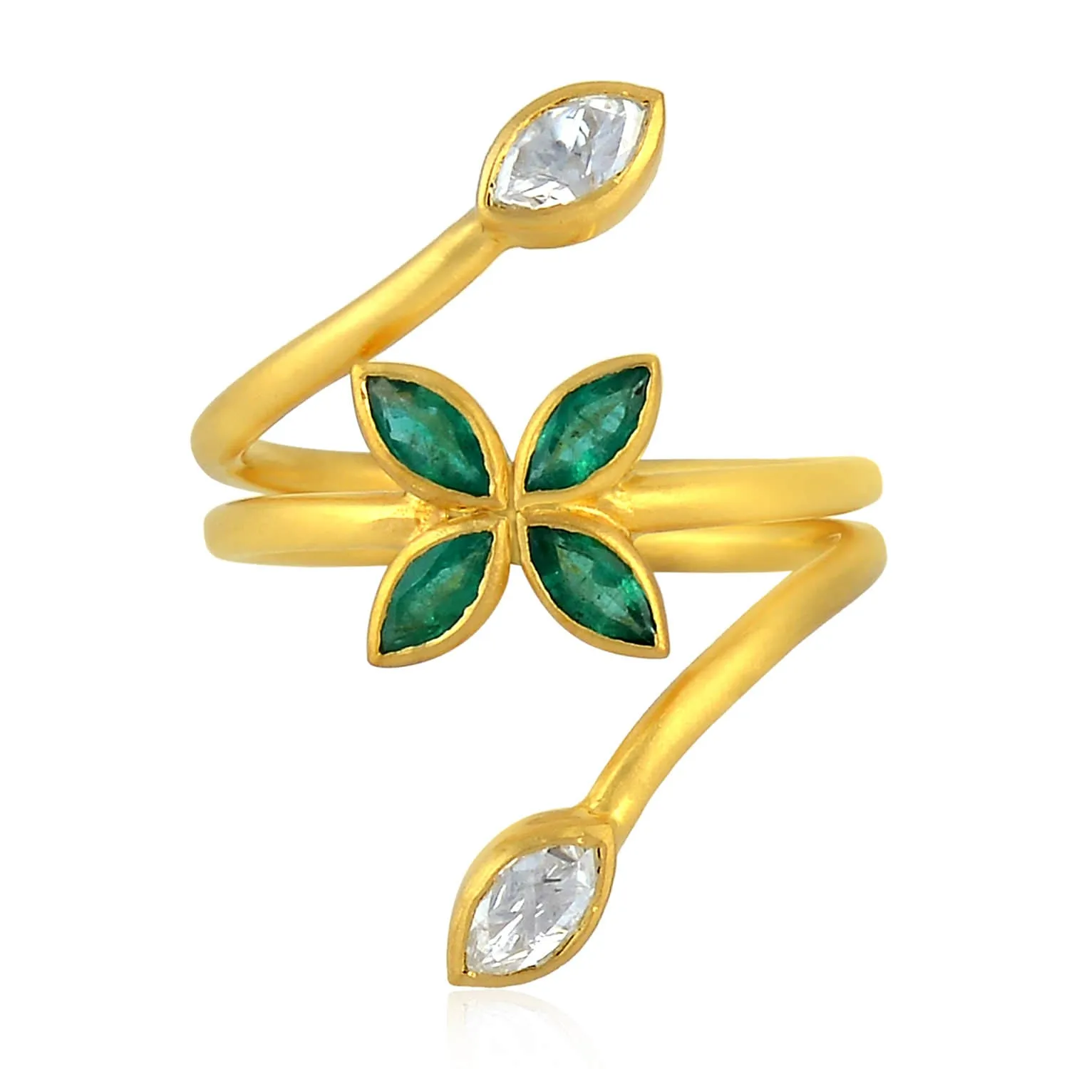 Yellow Gold Marquise Emerald Bezel Set Rose Cut Diamond Designer Ring For Women's